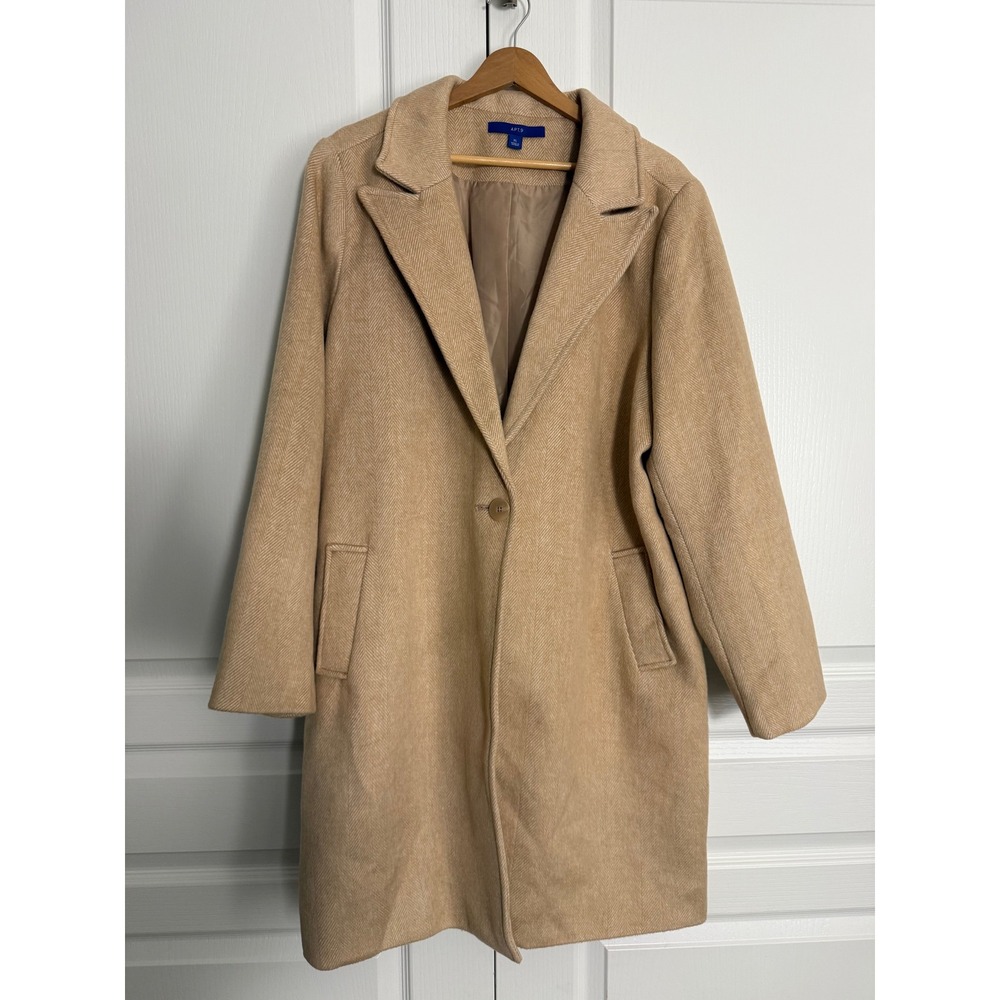 APT. 9 Women's XL Camel Herringbone Long Coat Single Button Overcoat